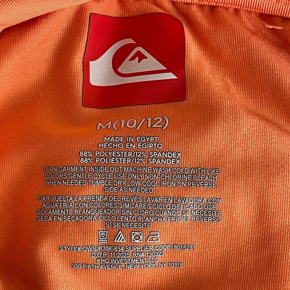 Quiksilver Boy's Orange Graphic Short Sleeve Rash Guard‎ Swim Shirt Size M 10-12